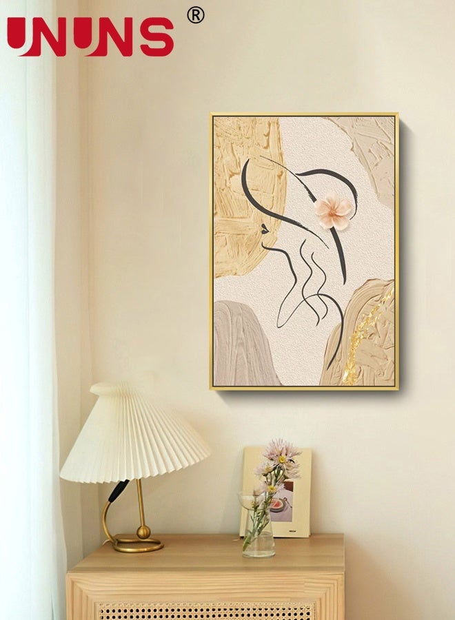 UNUNS فن جداري مؤطر 30*40 سم، وجه امرأة بخط مع قبعة، فن خطي بسيط، ملصق ذهبي بسيط لغرفة المعيشة أو غرفة النوم أو المكتب - Image 2